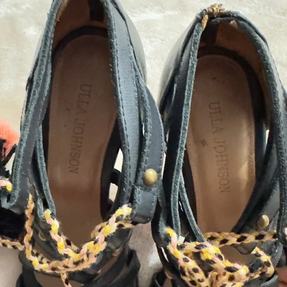 Ulla Johnson Tassel Accent Heels Sandals Women's 37 Black Brown Strappy